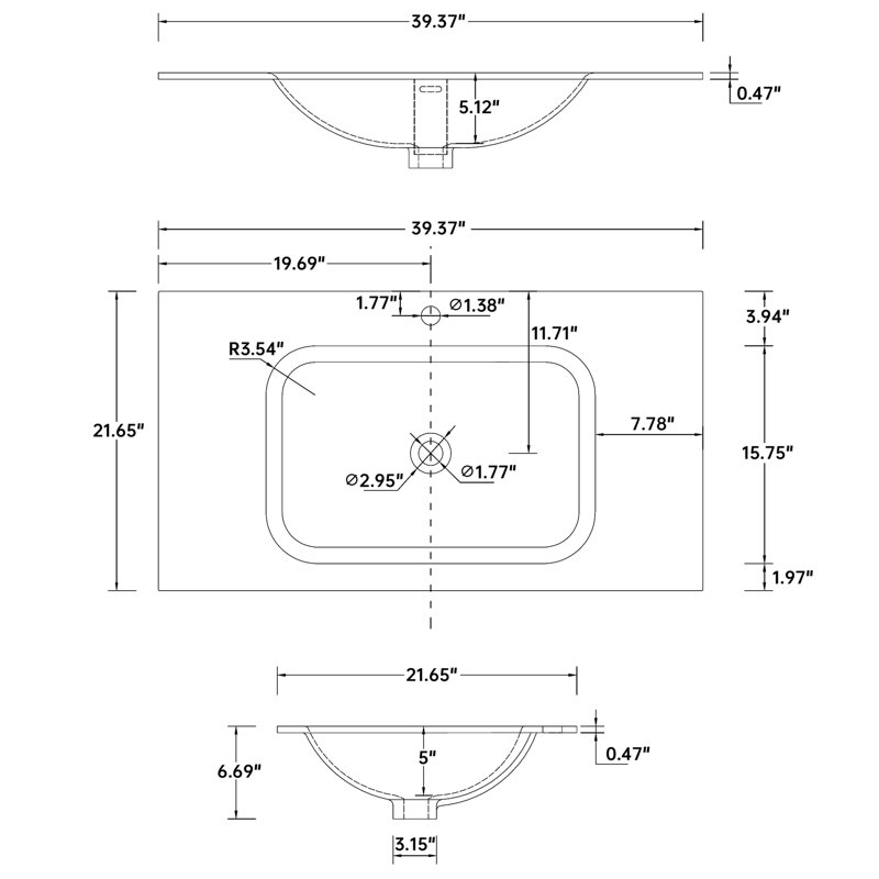 Lavabo pour salle de bain en résine solide à surface solide - blanc mat, 39,64 po de profondeur, empreinte adaptable, décoloration, apparence élégante du meuble-lavabo avec une largeur de 22,27 po, durabilité durable, option murale, sans soudure