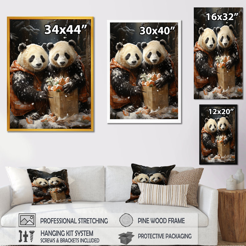 Snowy Bamboo Panda Party - Art mural animal panda, Toile tendue, H 32 po x l 16 po x P 1 po