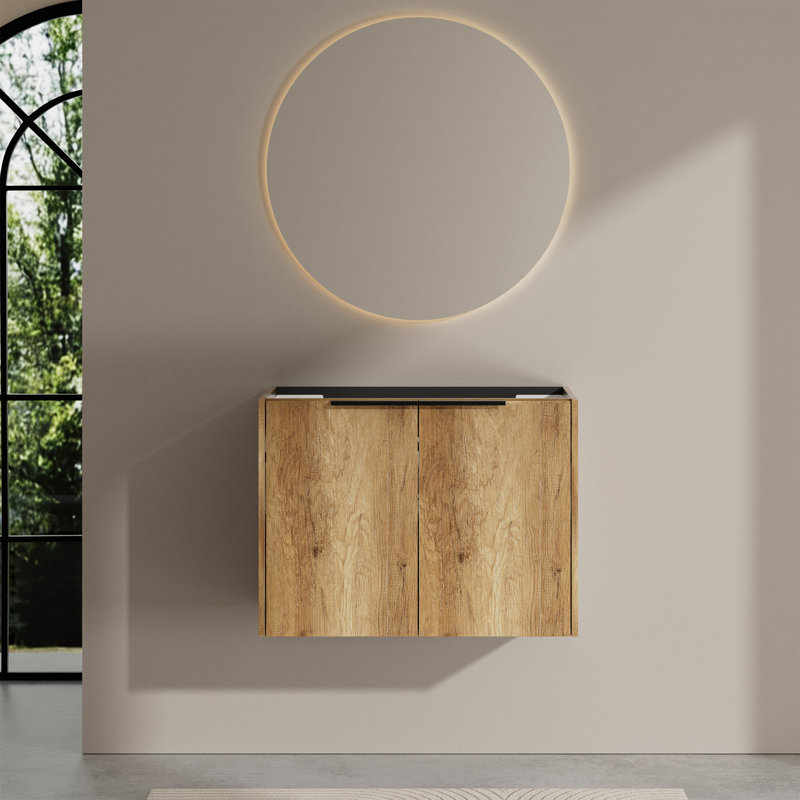 30" Mid-Century Modern Floating Vanity Cabinet Base In Warm Oak, Wall-Hung With Soft-Close Doors (Sink Not Included)