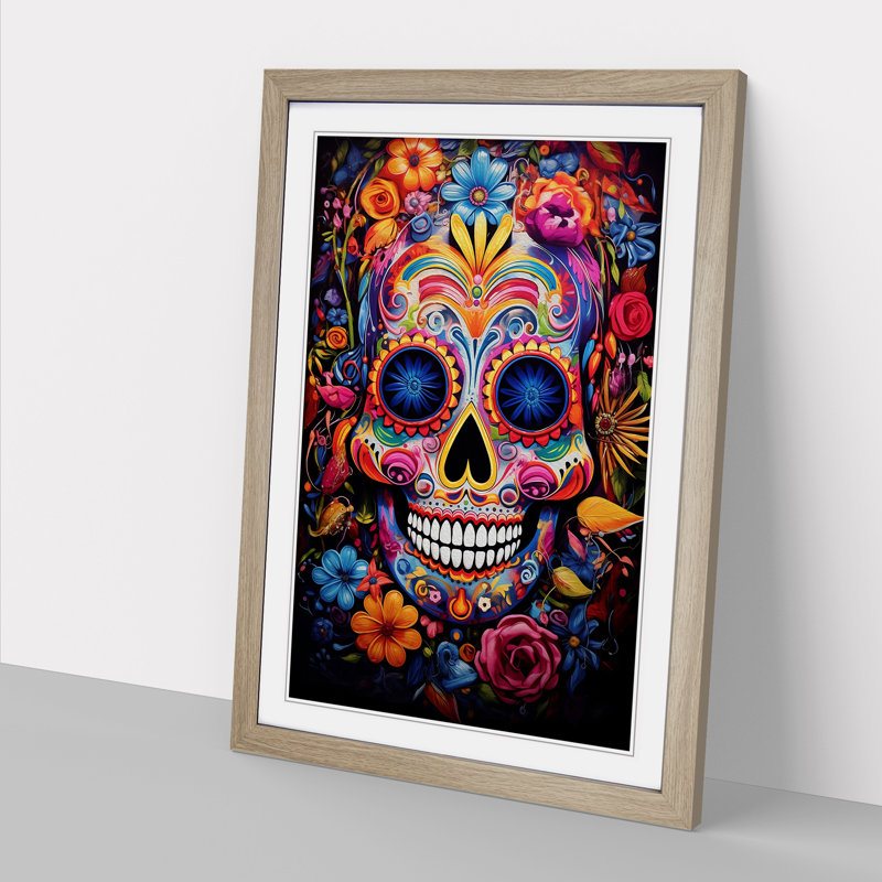 Sugar Skull Expressionism - Single Picture Frame Print on Wood, 46cm H x 34cm W x 2cm D, Oak