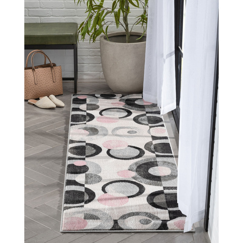 Chimeng Avi Modern Geometric Grey Blush Rug, Runner 2'3" x 7'3"