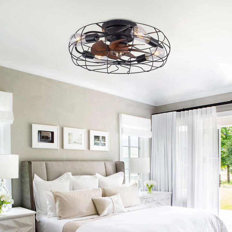 Hadiah 19.7 inch 7 - Blade Flush Mount Ceiling Fan with Remote Control and Light Kit Included, Black
