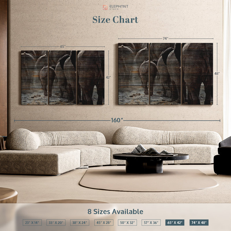 «Wooden Textured Elephants» sur toile, H 48 po x l 74 po x P 1,25 po