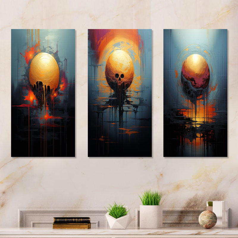 Sphère jaune et grise en mouvement I - formes abstraites, ensemble de 3 impressions sur toile, H 28 po x l 36 po