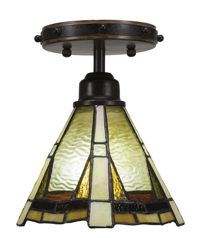 Plafonnier semi-encastré 1 lumière Blacksmith en métal peint aspect bois et finition granite foncé avec verre Zion