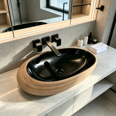 Lavabo vasque artistique de salle de bain Yingze, l 23 po x P 15 po x 5,9 po, lavabo en céramique rétro au-dessus du comptoir pour salle de bain, lavabo de comptoir moderne, grain de bois noir