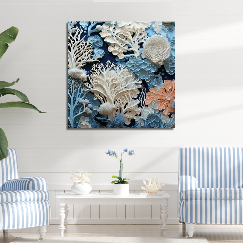 Under Water Blue and White Corals Collage I - Coastal, reproduction sur toile encadrée, Toile tendue