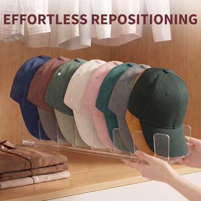 Ensemble de 4 présentoirs à casquettes en acrylique transparent, organisateur de style fente pour casquettes de baseball, 29,1 cm × 7,3 cm × 5,8 cm, support transparent pour placard, commode et comptoir.
