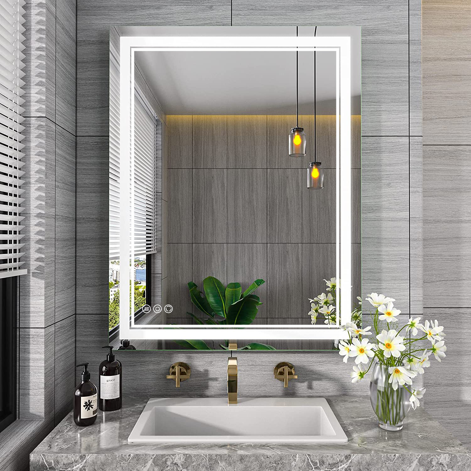 Luxury bathroom with glass to shower, round mirror with led lights, stylish  washbasin and wooden floor. Modern interior of bathroom with wc and bath.  Vertical. Stock Photo
