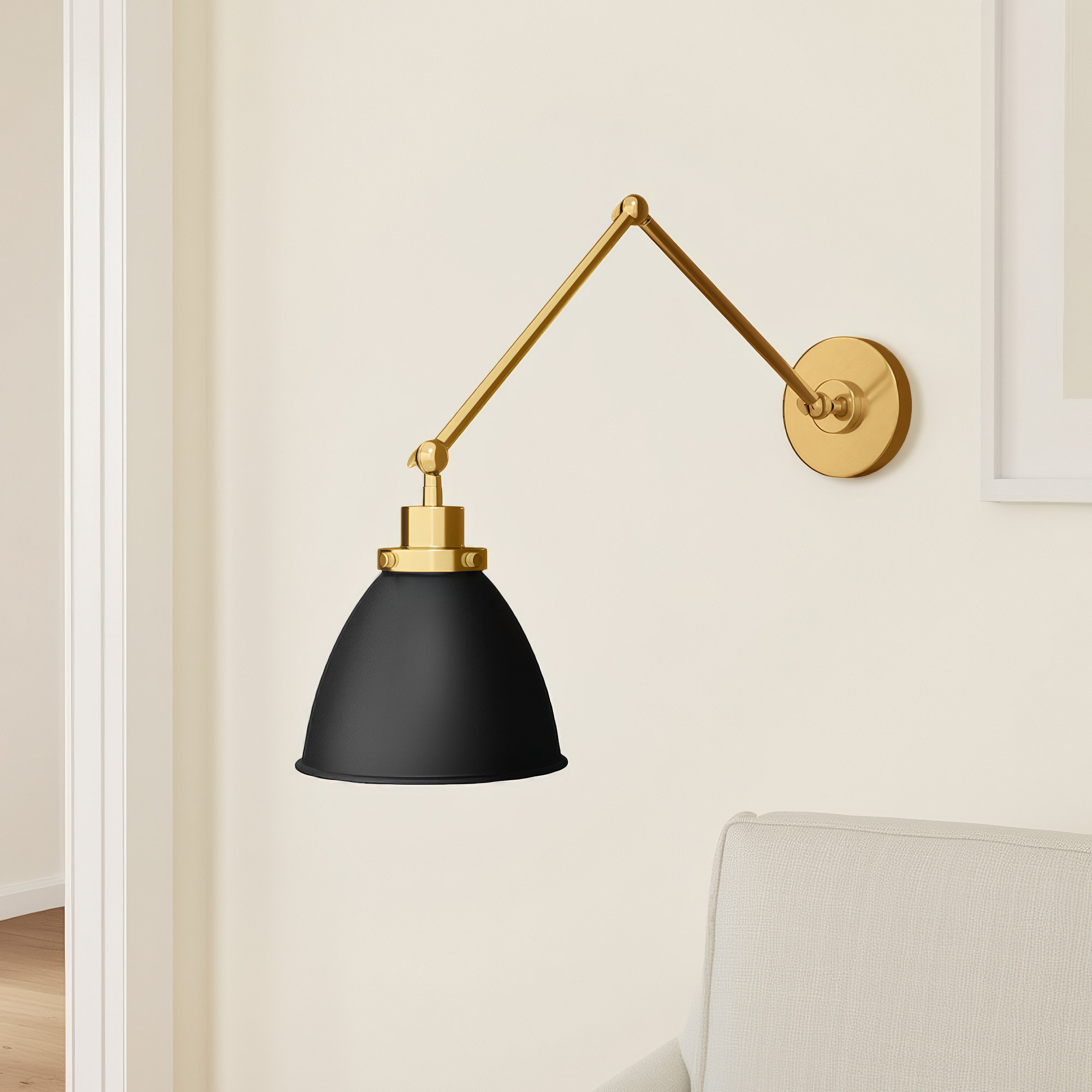 Single Light Steel Dimmable Armed Sconce, Burnished Brass, Midnight Black