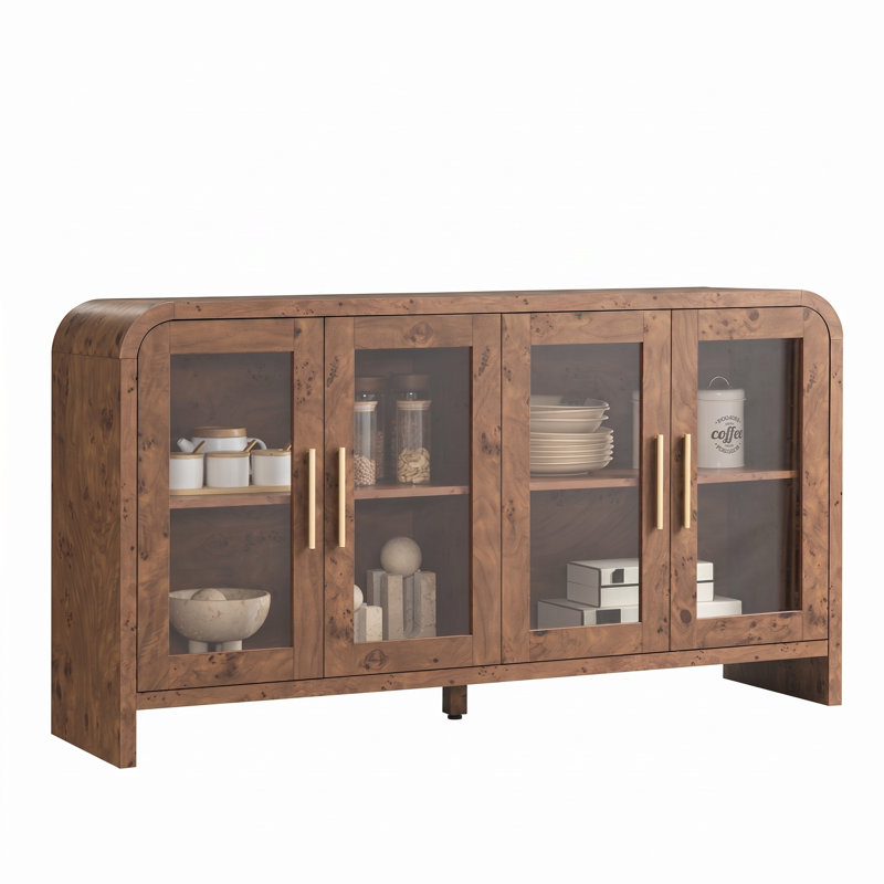 Buffet incurvé moderne, armoire de rangement pour buffet, console multimédia avec 4 portes en verre et tablettes réglables