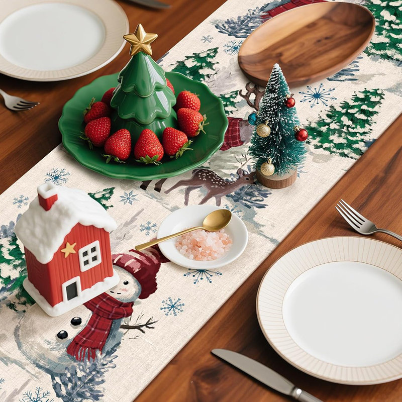 Chemin de table bonhomme de neige, arbre de Noël, flocons de neige d'hiver, décoration de table de salle à manger pour Noël, décoration de fête à domicile, 13 x 72 pouces, beige
