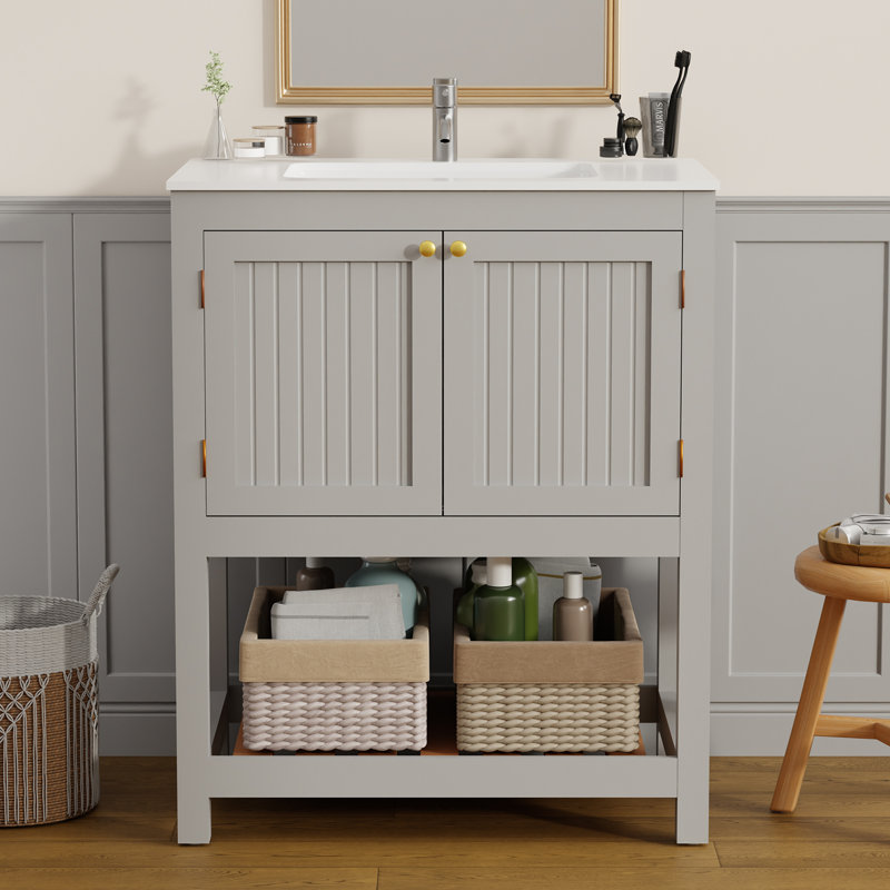 Armoire de salle de bain 30 po avec lavabo en céramique et meuble-lavabo autoportant avec 2 portes et tablette ouverte, gris