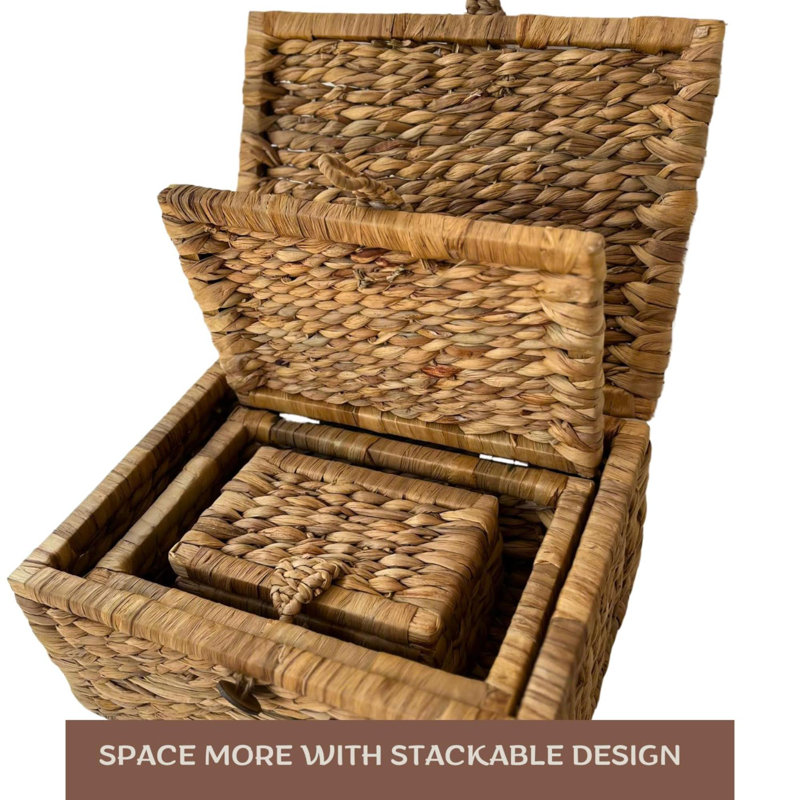 Set Of  Handwoven Storage Boxes With Lid Wicker Rectangular Basket For Seagrass Decorative Boxes For Home Décor Stacking Baskets With Lids For