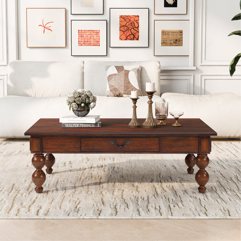 Table basse rectangulaire en bois avec tiroir de rangement, table de cocktail rétro avec pieds en bois massif en forme de gourde pour le salon, assemblage sans outils
