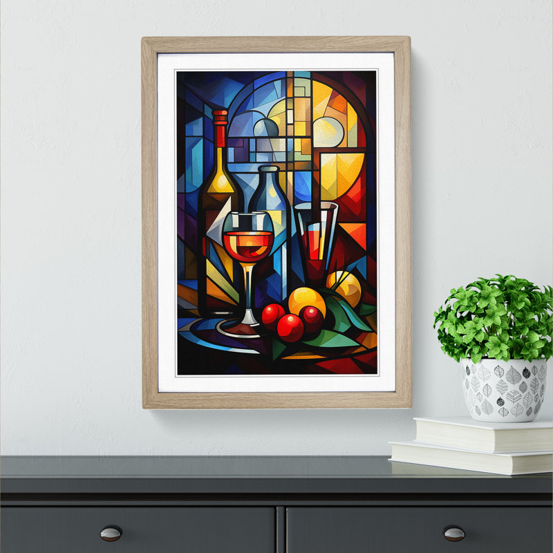 Wine Cubism Art - Framed Print, 34cm H x 25cm W x 2cm D, Oak
