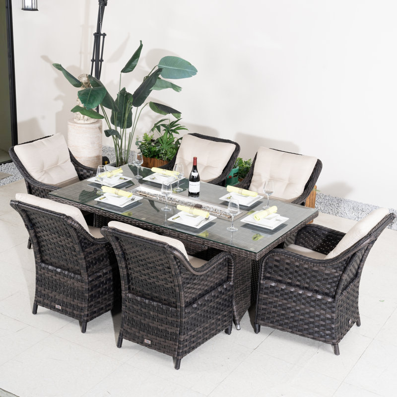 6 - Person Wicker Patio Dining Set With Rectangular Table , Cushions Included