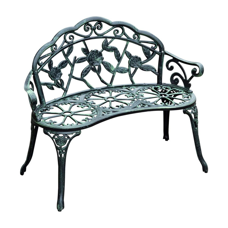 Rose Ornate Detail Metal Outdoor Garden Bench, Green