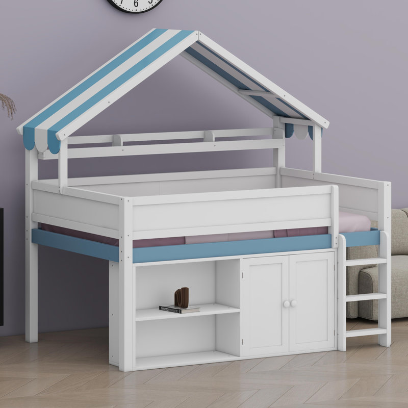 Lit mezzanine moderne avec toit à baldaquin et armoire de rangement intégrée, Blanc et bleu