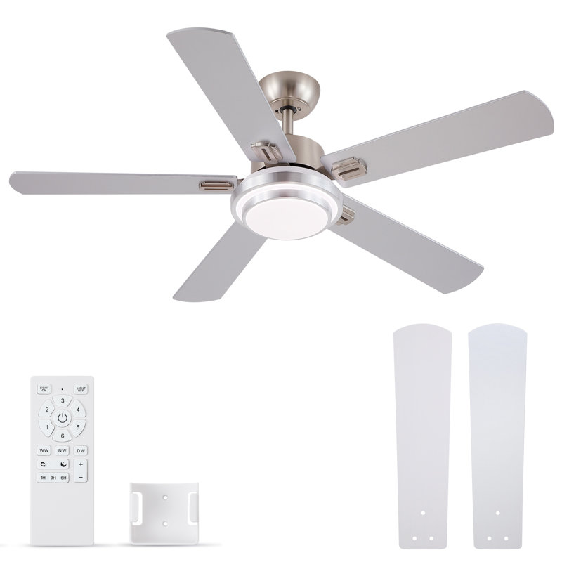52'' Modern Bruched Nickel Ceiling Fan with Dimmable LED Light and Remote Control, Nickel, 52", Gray/White
