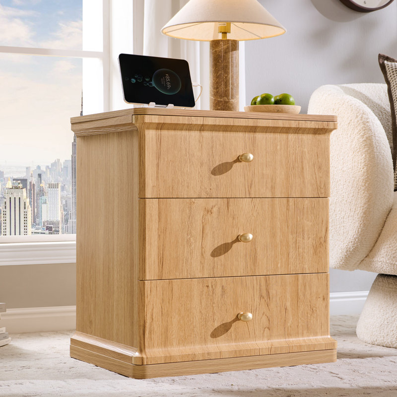 Abarca 23.6" Tall Modern End Table with Charging Station, 21.65" Wide Wood Bedside Table w/3 Storage Drawers,for living room,Study,Natural