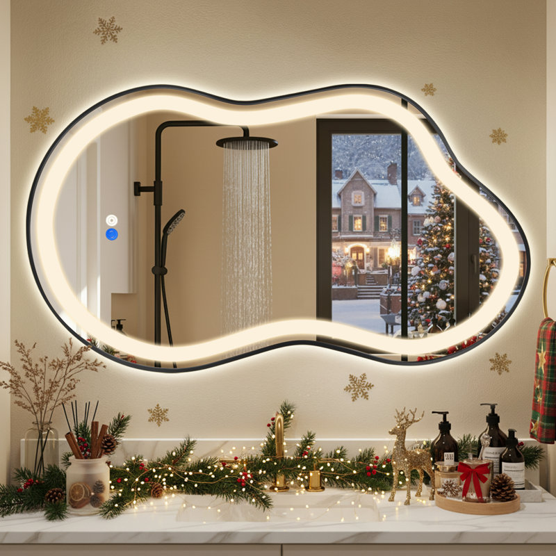 Modern Asymmetrical LED Bathroom Mirror with Anti-Fog and 3-Color Adjustable Lighting, 20" x 36", Black