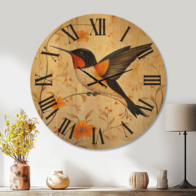Horloge murale surdimensionnée en bois crème de style bohème avec colibri Folk Garden