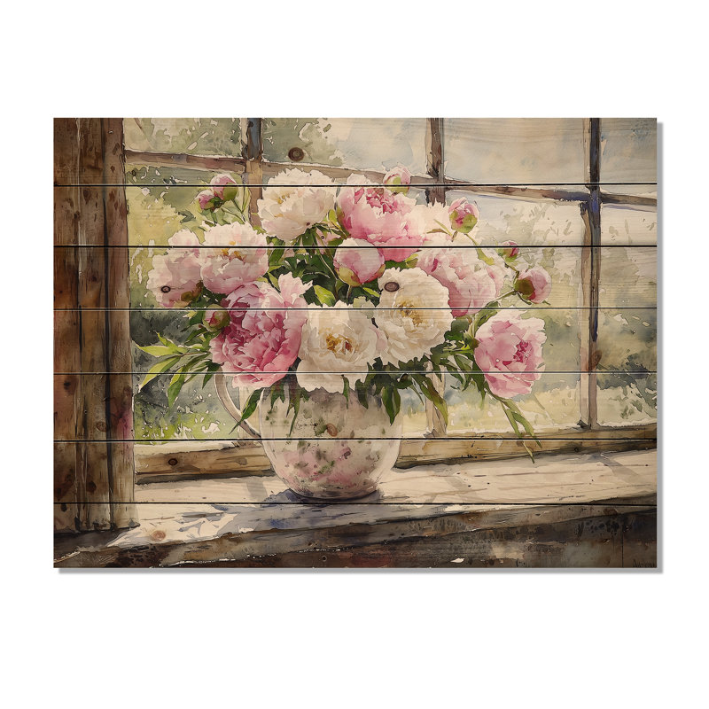 Bouquet de pivoines rustiques et romantiques II - décorations murales en bois de pivoines - sur bois de pin naturel