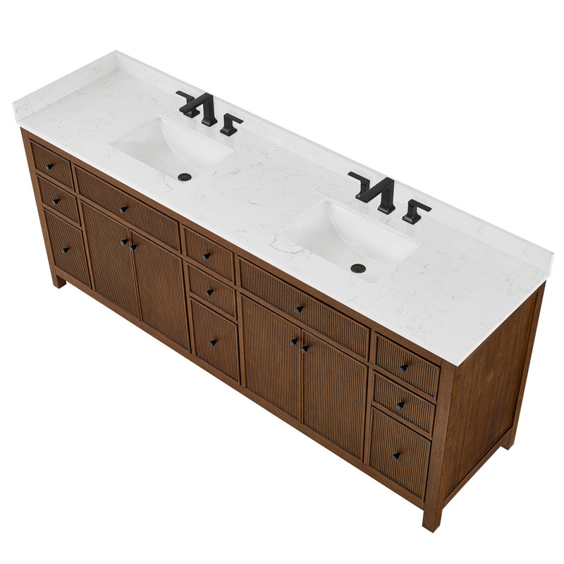 84 in. Double Vanity, Dark Walnut, Brushed Nickel, Carrara Cultured Marble