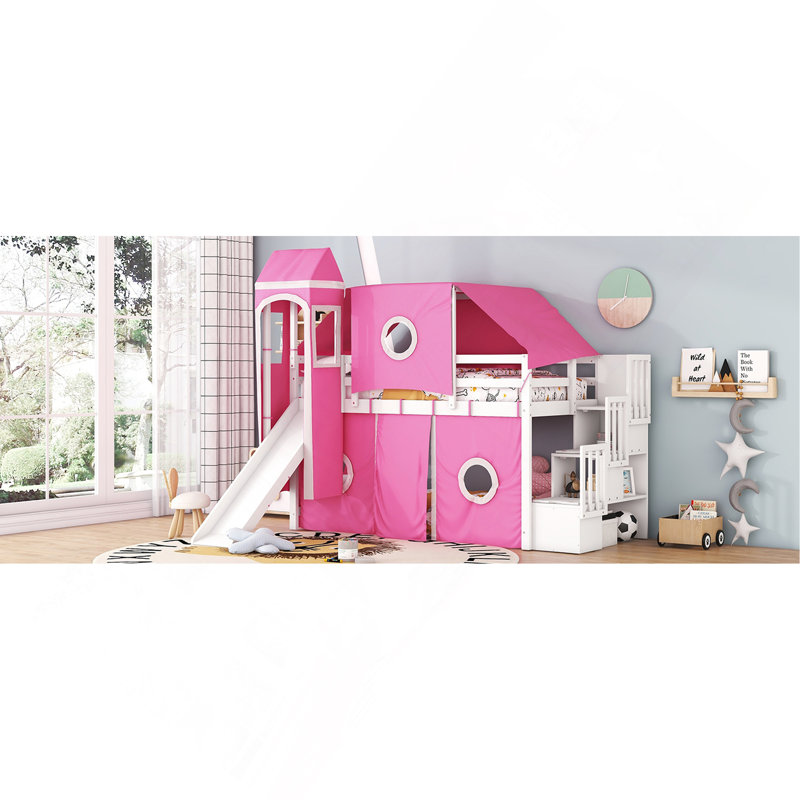 Lit mezzanine simple avec tente et tour, Rose