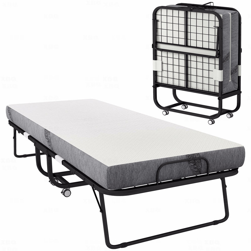 Bed Folding With Mattress For Adults, Single Size, Portable Foldable With Memory Foam Mattress & Steel Frame, Black/White