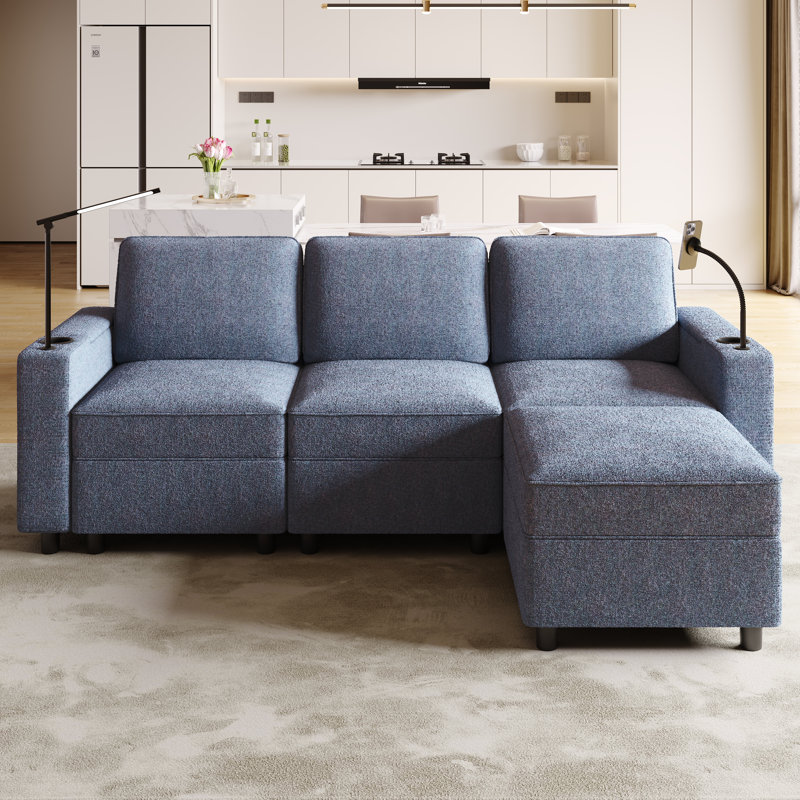 Canapé modulaire en L avec repose-pieds avec rangement Jahnvi, modulaires avec ports USB et porte-gobelet