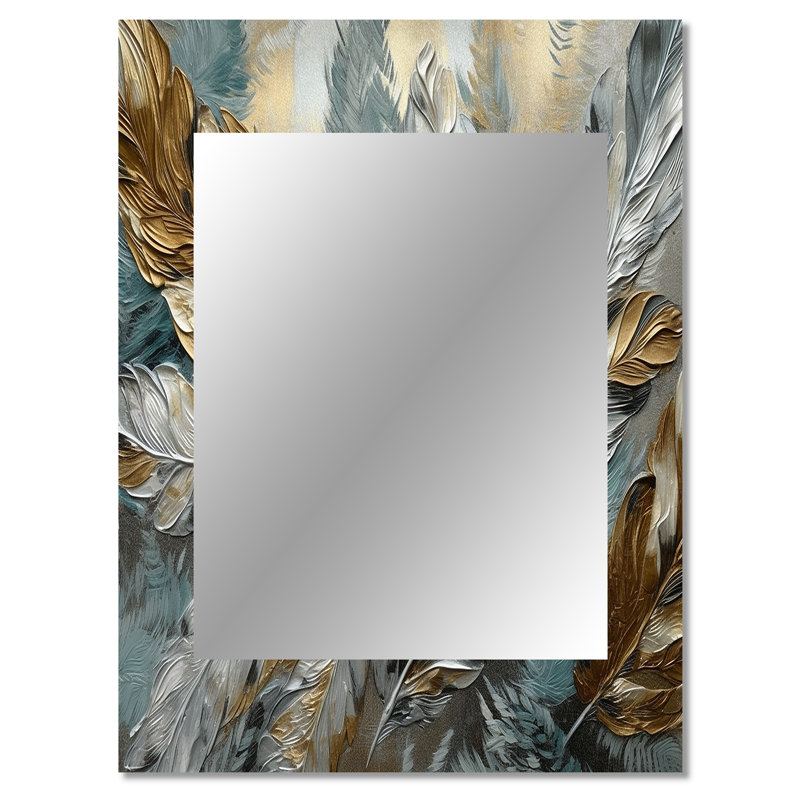 Argent et or Expressions de la liberté I - miroir de plumes bohème, miroir mural traditionnel unique, impression d'art en métal