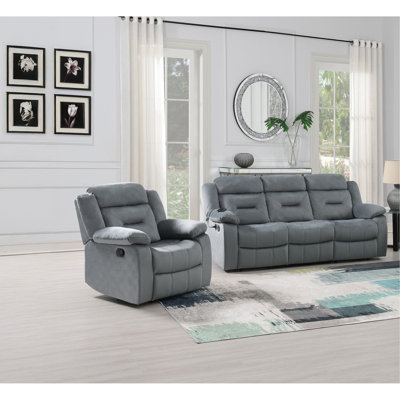 Ensemble de salon 2 pièces Canapé 1X 1X Fauteuil inclinable avec accoudoirs Appui-tête avec support Capitonnage vertical Gris foncé Mobilier de salon contemporain