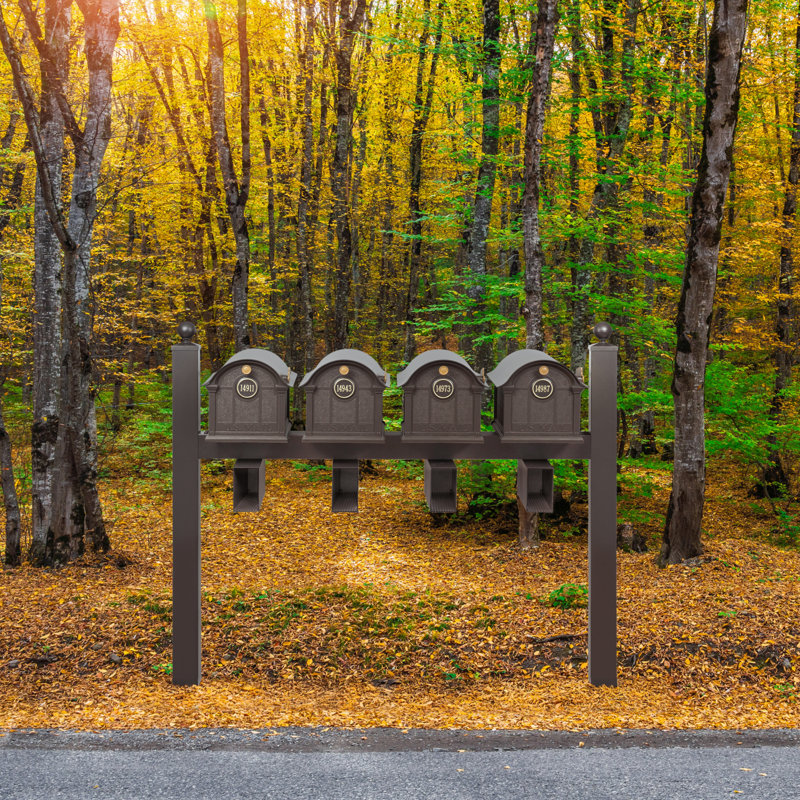 Balmoral Quad Mount Mailbox /w/ Ball Finials, Personalized Door Medallion, Newspaper Box (4 Mailboxes, Posts, 4 Newspaper Boxes, 4 Medallions)