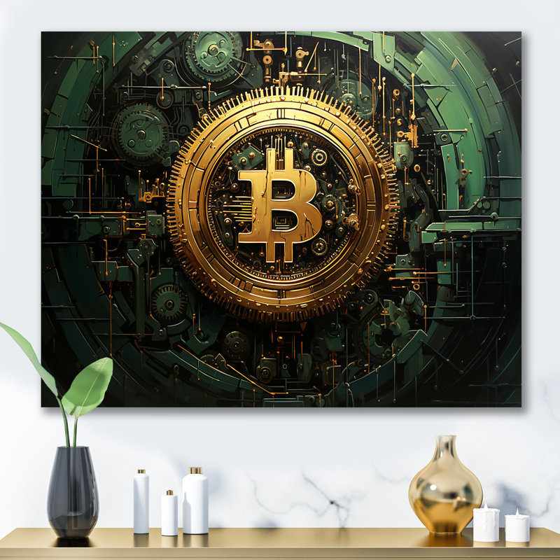 Or et vert - Crypto monnaie - art mural mode, Toile tendue, H 34 po x l 44 po x P 1,5 po