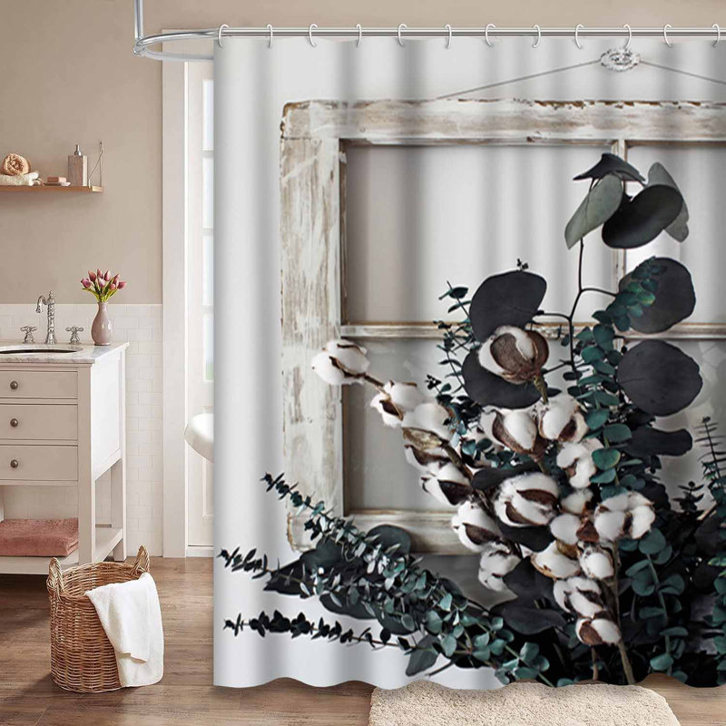 Rideau de douche imperméable antique en coton avec 12 crochets Eucalyptus, L 72 po x l 72 po