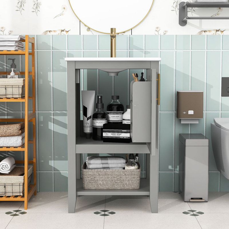 Meuble-lavabo en bois avec lavabo, support de rangement et tablette ouverte, Gris