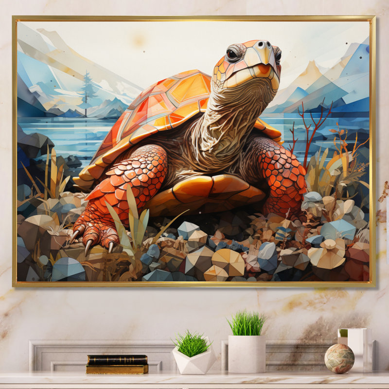 Turtle Portrait Geometric At Beach - Animals Canvas Prints, Cadre flottant doré, H 30 po x l 40 po x P 1,5 po