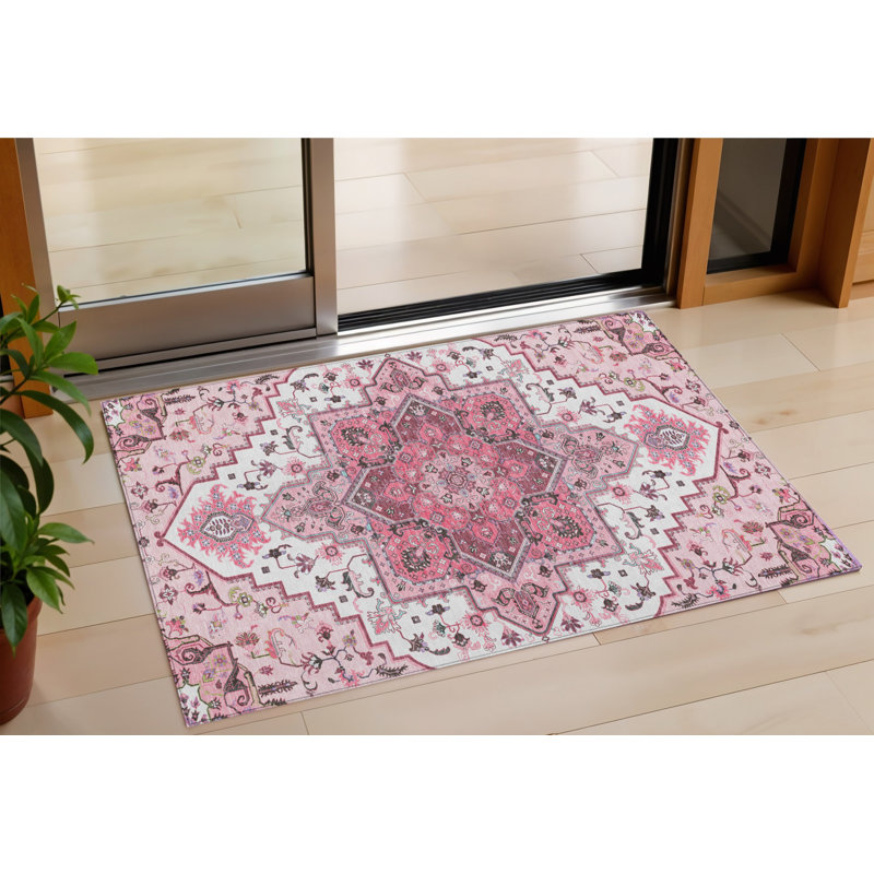 3' X 5' Pink Ivory And Gray Oriental Washable Indoor Outdoor Area Rug