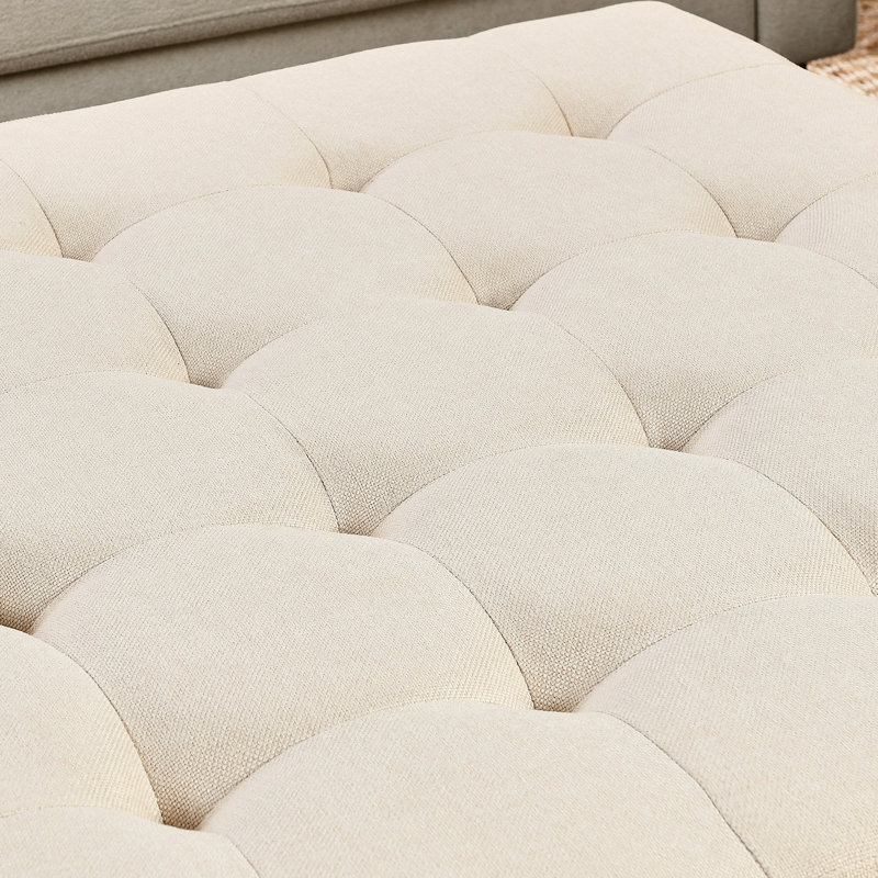Table basse avec revêtement en lin et structure en hêtre massif, rangement, pour salon ou extérieur, structure robuste avec rangement intégré.