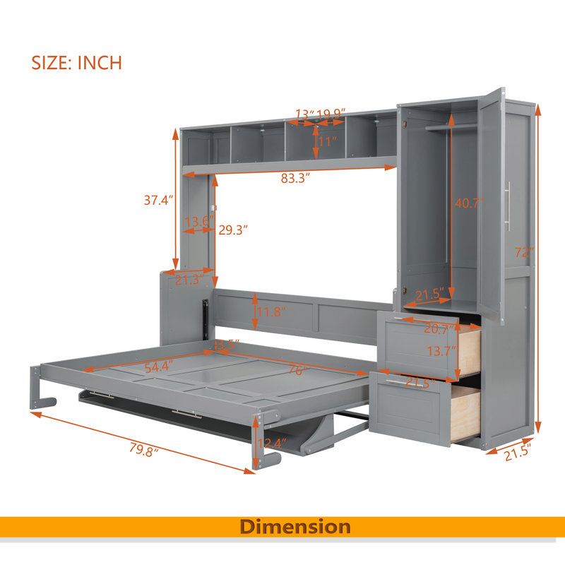 Lit escamotable double avec placard et tiroirs, Gris
