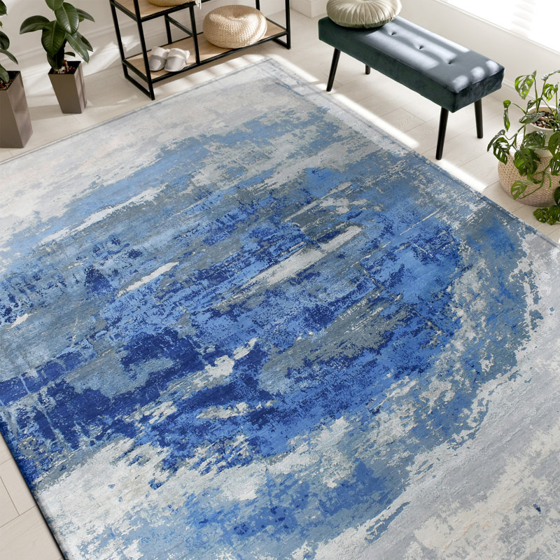 High-Quality Hand-Knotted Silver And Blue Area Rug, Silver And Blue, Rectangle 8' x 10'