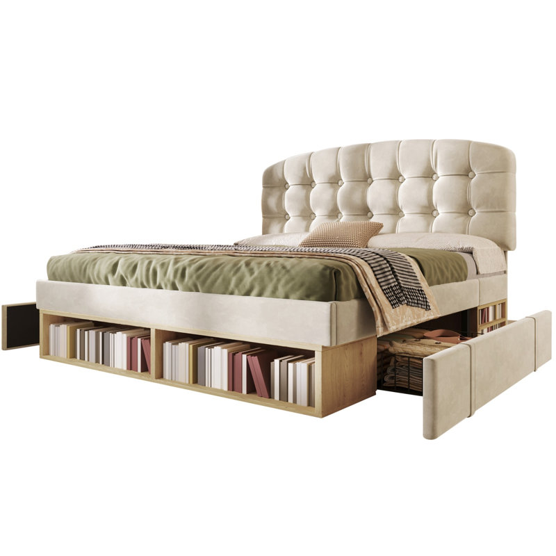 Upholstered Bed With Storage Drawers & Shelves, Adjustable Headboard, Velvet, Beige, Double (4'6)