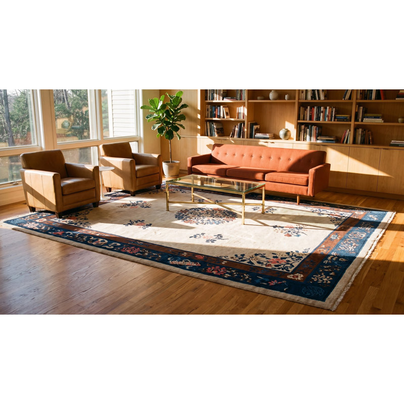 Tapis antique ivoire à médaillon chinois antique des années 30