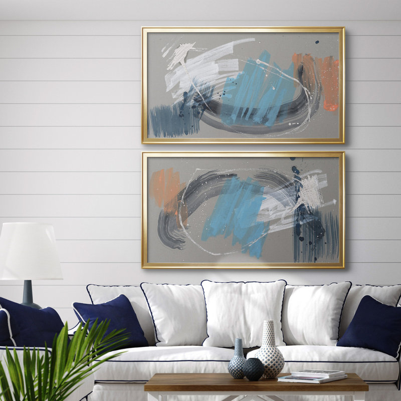 «Whimsical Marks I», ensemble de 2 peintures sur toile encadrées, H 45 po x l 42,5 po x P 1 po, Cadre doré