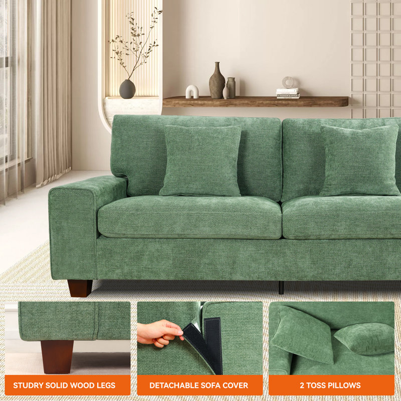 88.58" Modern Chenille Upholstered Sofa With Solid Wood Legs For Living Room.Green, Green