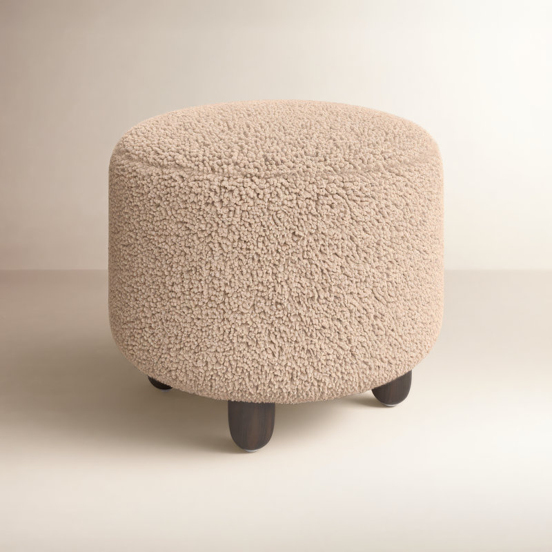 Risco 22.5" Wide Round Footstool Ottoman, Andes Toast Sherpa, Burnt Birch