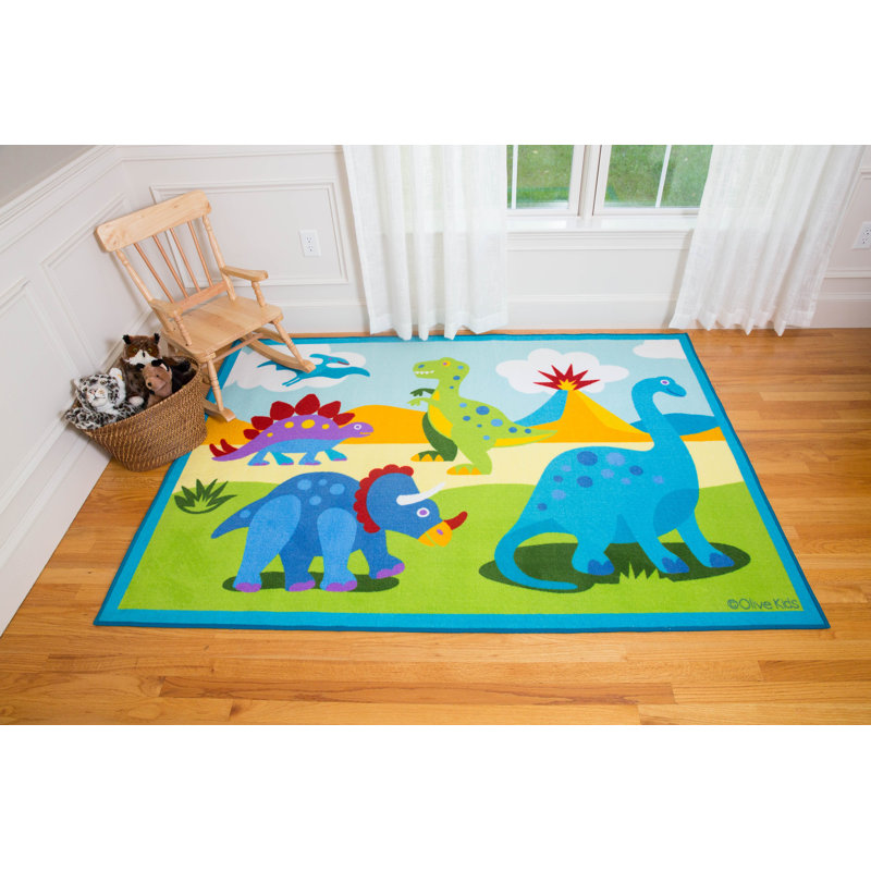 Blue Dinosaur Land Rectangular Kids Rug with Non-Slip Backing