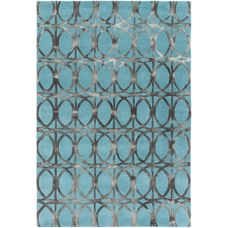 Sophisticated Black Geometric Tufted Wool Rug 5' x 7'